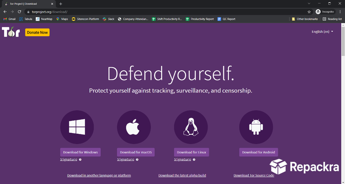 Tor Browser official download page with options for Windows, macOS, Linux, and Android.