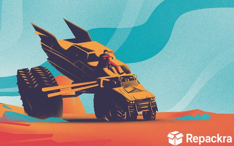 Retro vector illustration artwork of a futuristic monster truck concept vehicle in a desert landscape