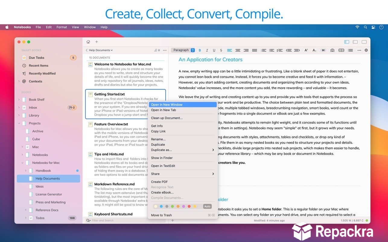Notebooks for Mac user interface displaying an open right-click context menu over a list of text files.
