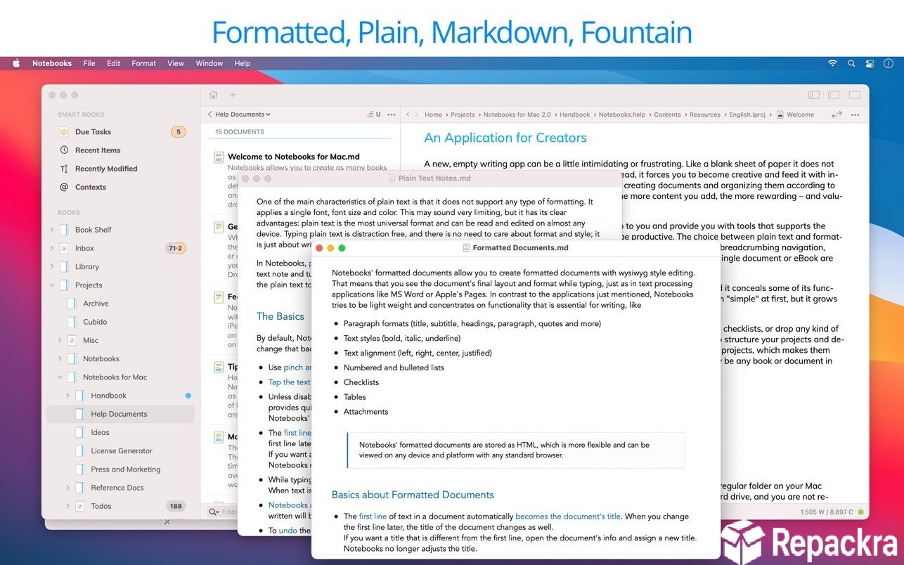 Notebooks for Mac user interface displaying floating, cascading document windows for plain text and formatted notes.