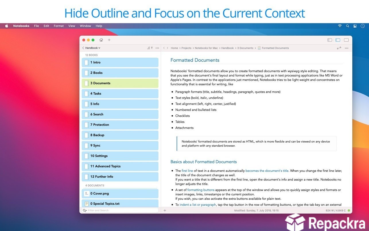 Notebooks for Mac user interface configured in a clean two-pane view with a simplified category list and a full-width text document.