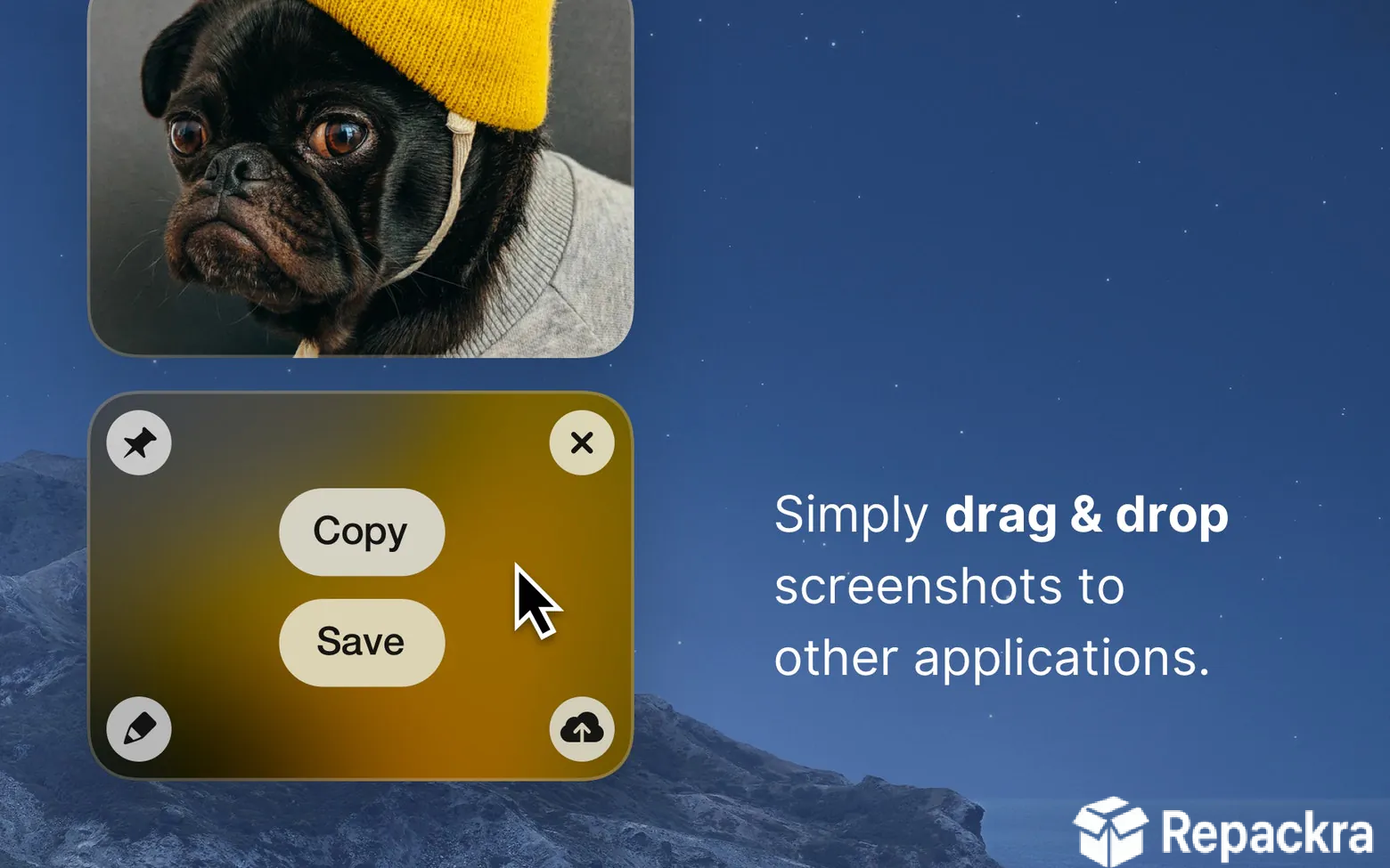 CleanShot X for Mac overlay window displaying interactive Copy and Save buttons with a drag and drop promotional text layout.