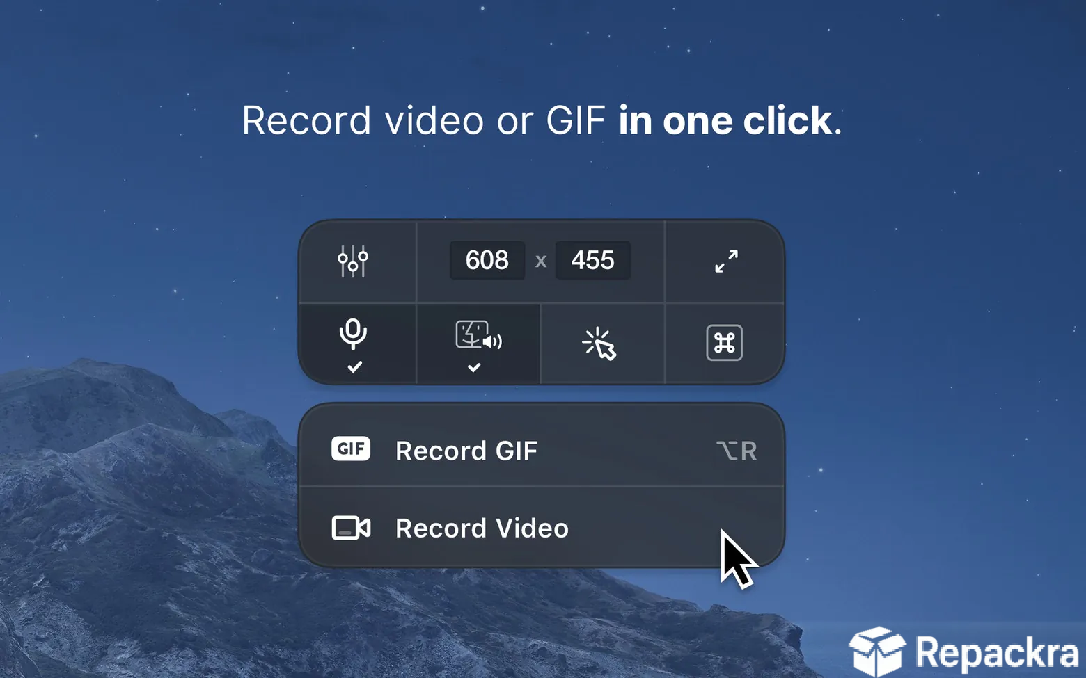 CleanShot X for Mac video and GIF screen recording interface displaying customizable dimensions and audio controls over a dark mountain wallpaper.