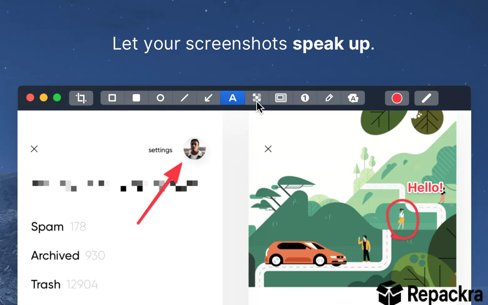 CleanShot X for Mac annotation panel highlighting text tools, pixelation filters, and custom arrows on a screenshot edit layout.