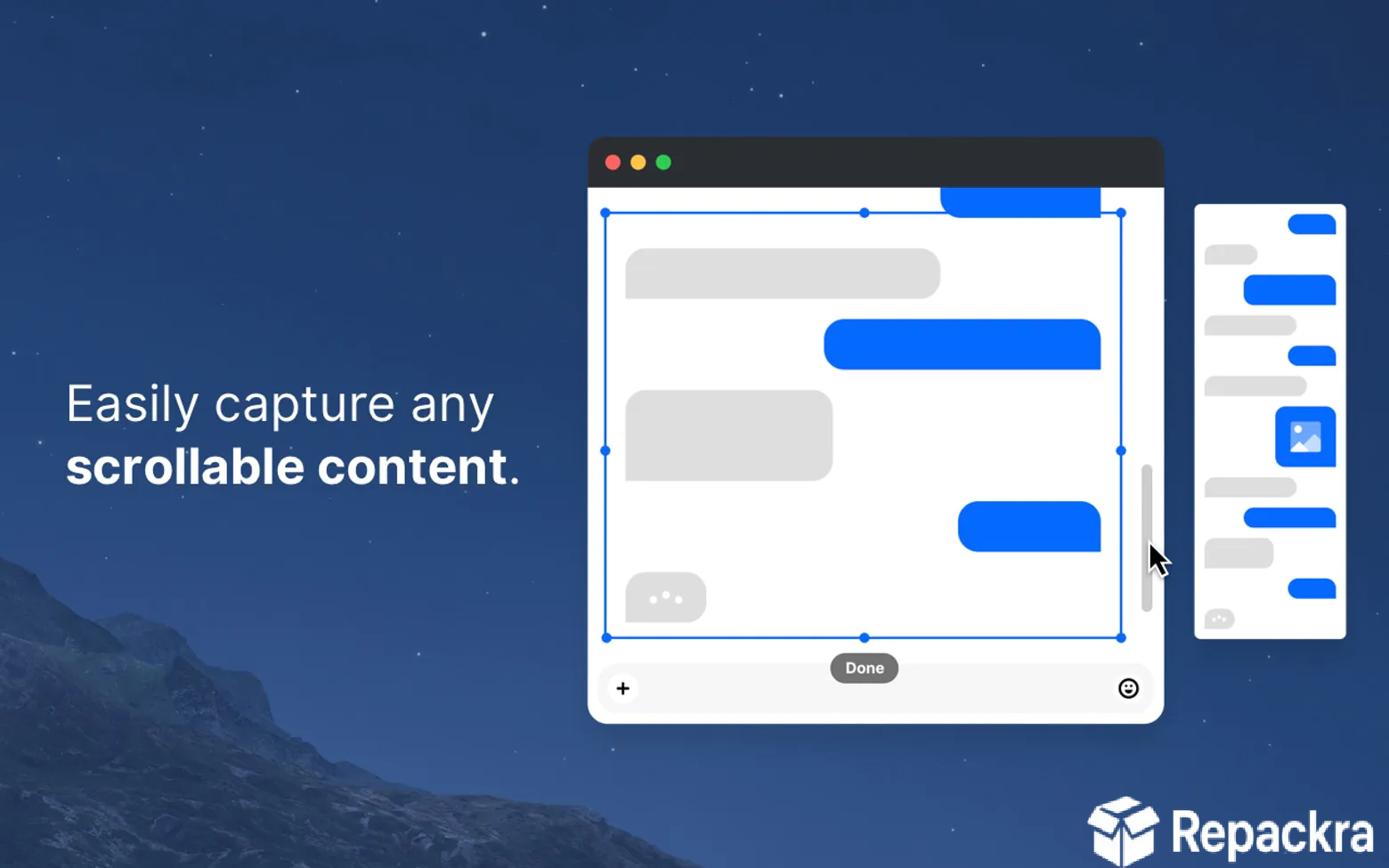 CleanShot X for Mac scrolling window capture tool demonstrating a vertical chat history interface snippet with an automated stitching layout panel.