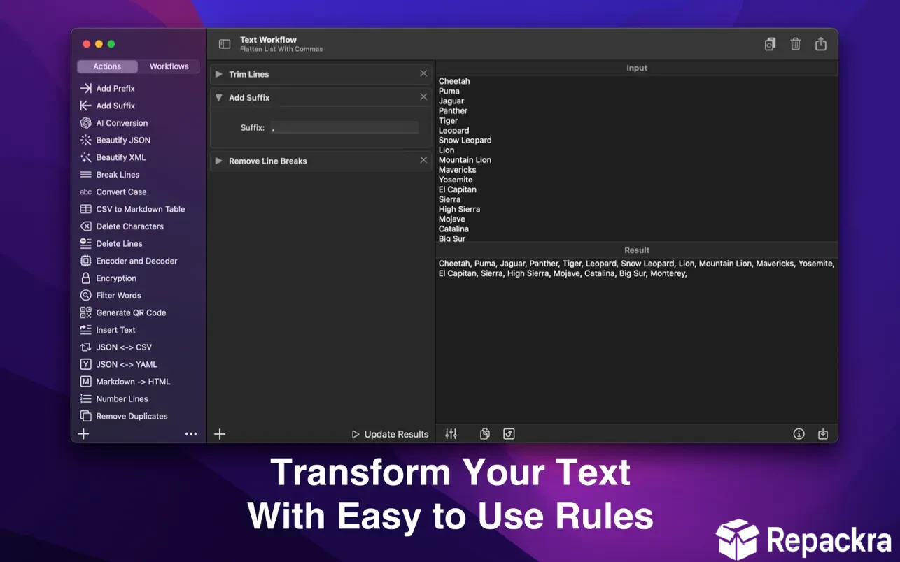 Text Workflow for Mac application interface demonstrating text rules and line processing.