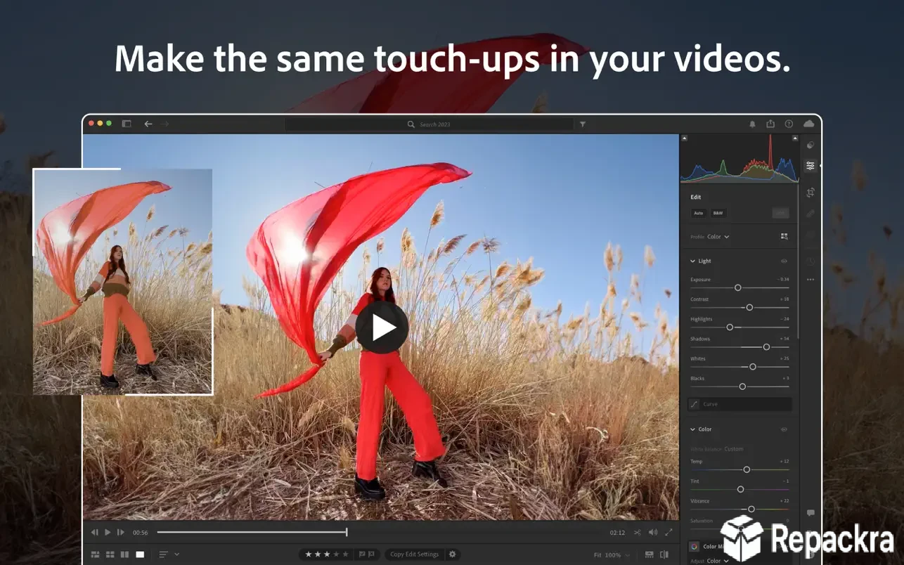 Adobe Lightroom desktop interface demonstrating color grading and touch-up tools on a video timeline