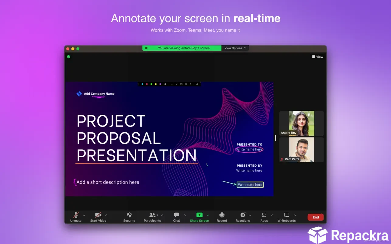 Presentify for Mac showing real-time video call screen annotation.