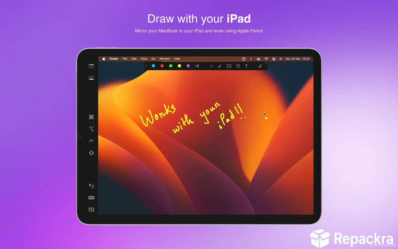 Presentify for Mac interface mirrored on an iPad screen for drawing.