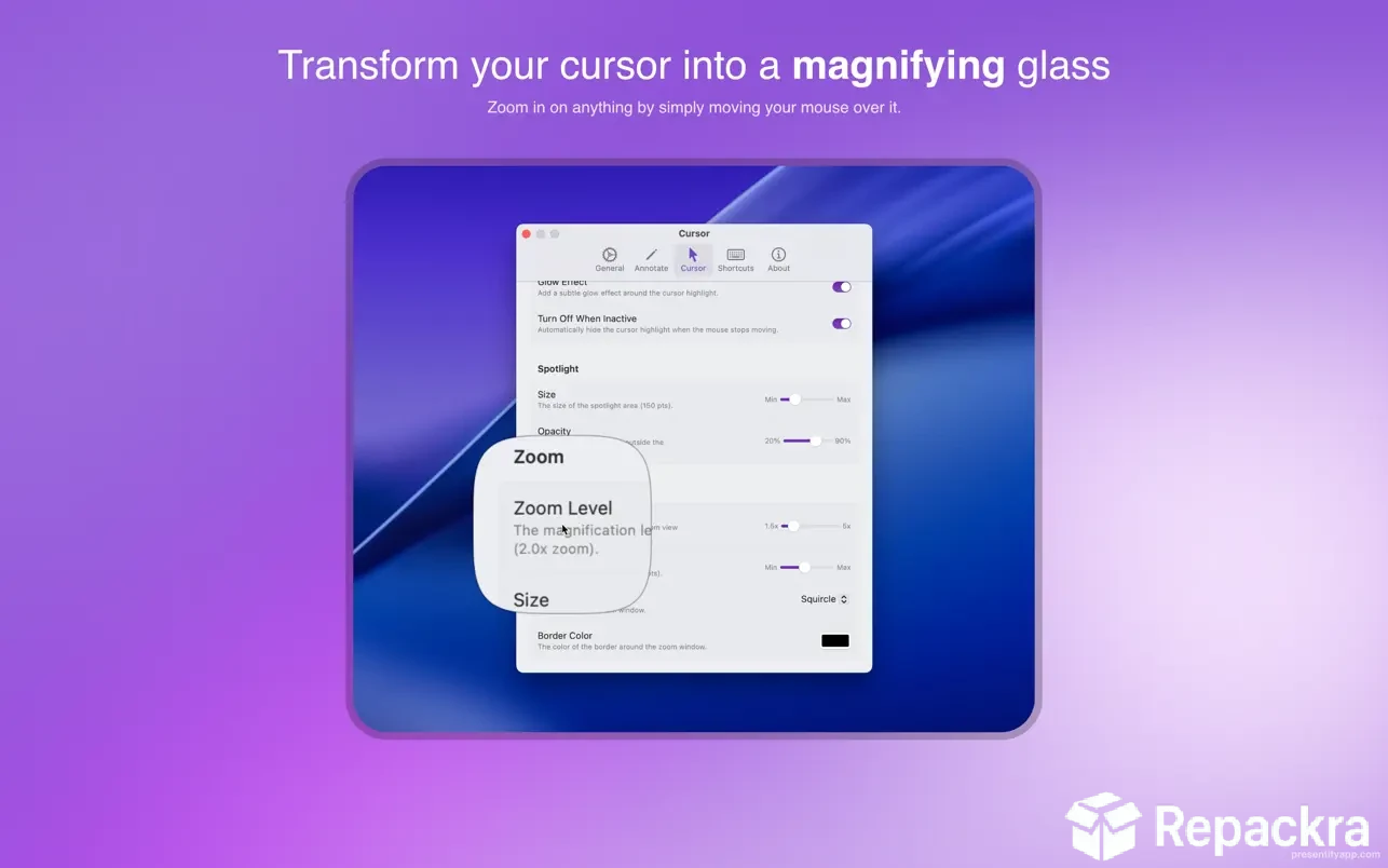 Presentify for Mac cursor magnifying glass settings panel window.