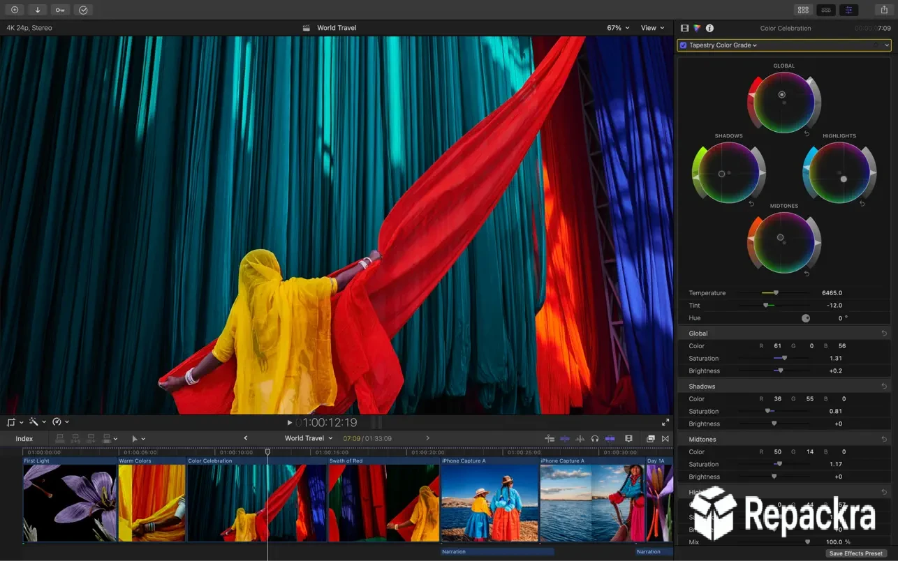 Final Cut Pro video editor interface showing color grading wheels and timeline on macOS