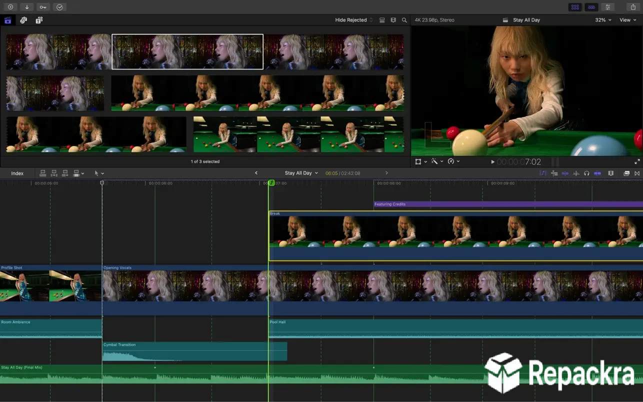 Final Cut Pro multi-track timeline editing window with audio waveforms on macOS