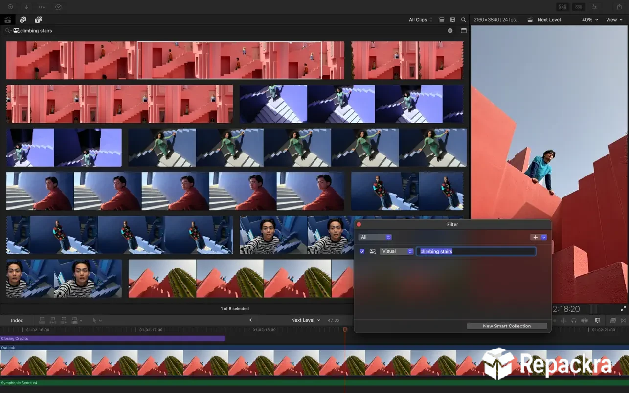 Final Cut Pro for Mac showing the media library grid and filter search window