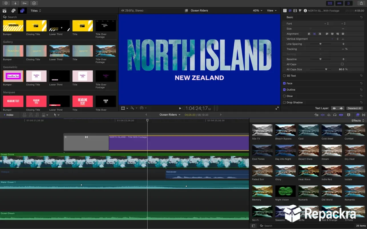 Final Cut Pro for Mac showing the text formatting sidebar and video titles browser