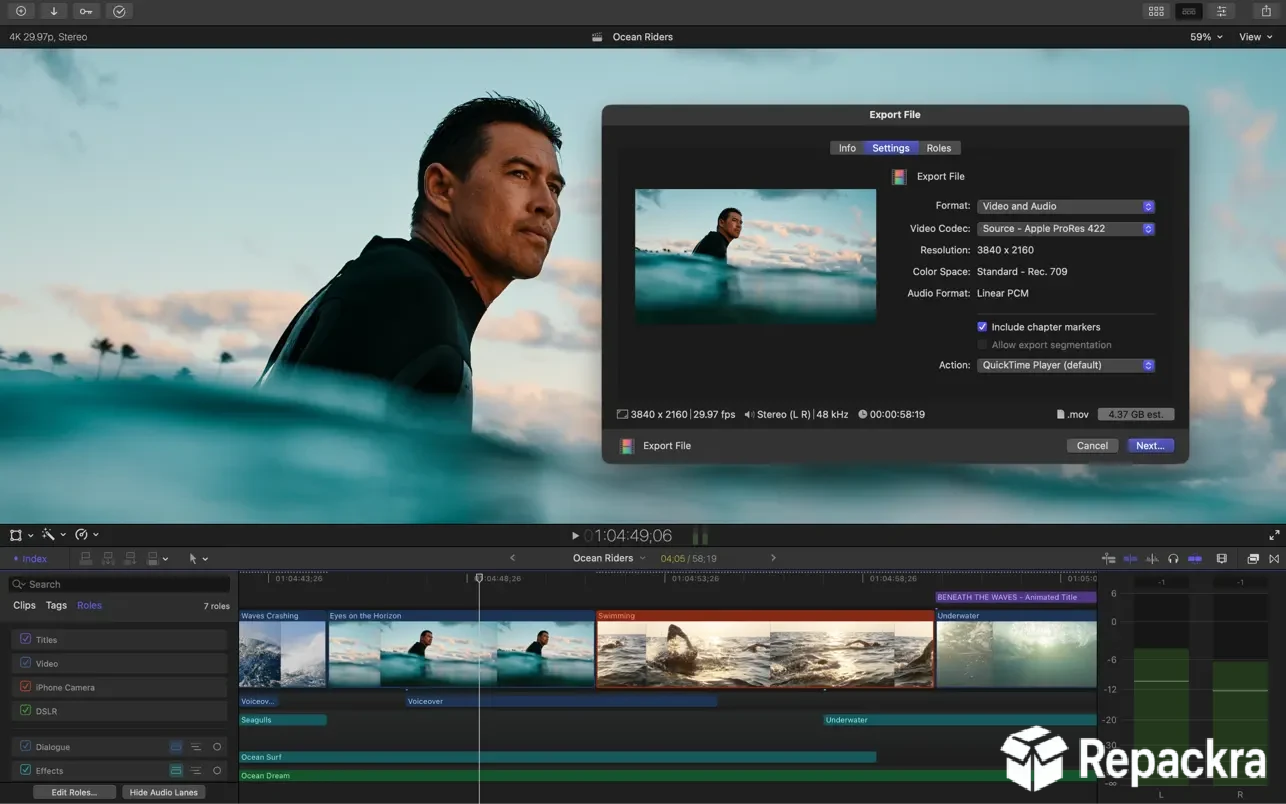 Final Cut Pro for Mac showing the master file video export settings overlay menu