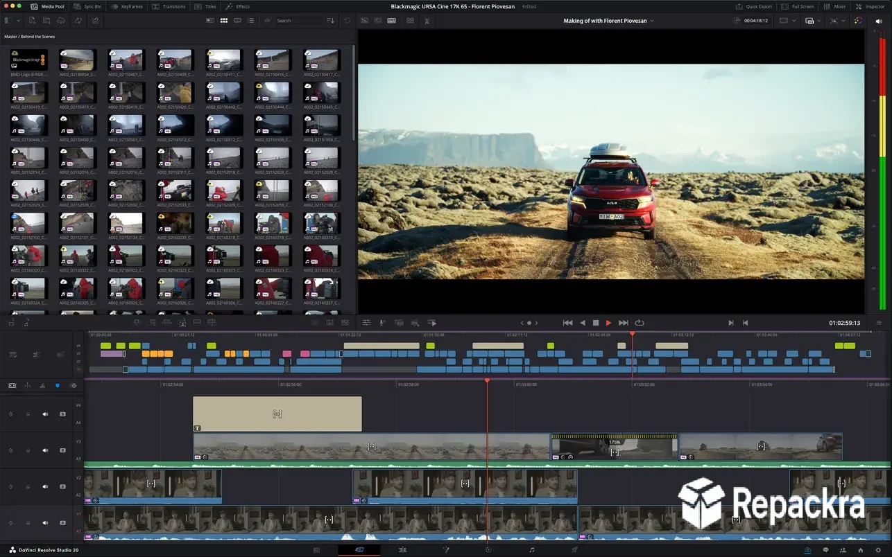 DaVinci Resolve Studio interface on Mac showing a video timeline with a red car clip and media pool thumbnails