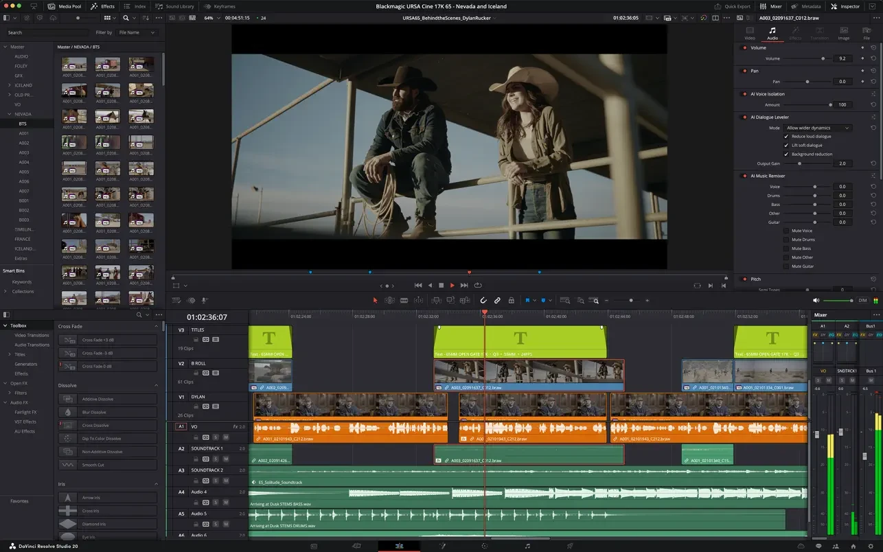 DaVinci Resolve Studio interface on Mac showing a video timeline, a video preview panel of a couple in cowboy hats, and audio tool sliders