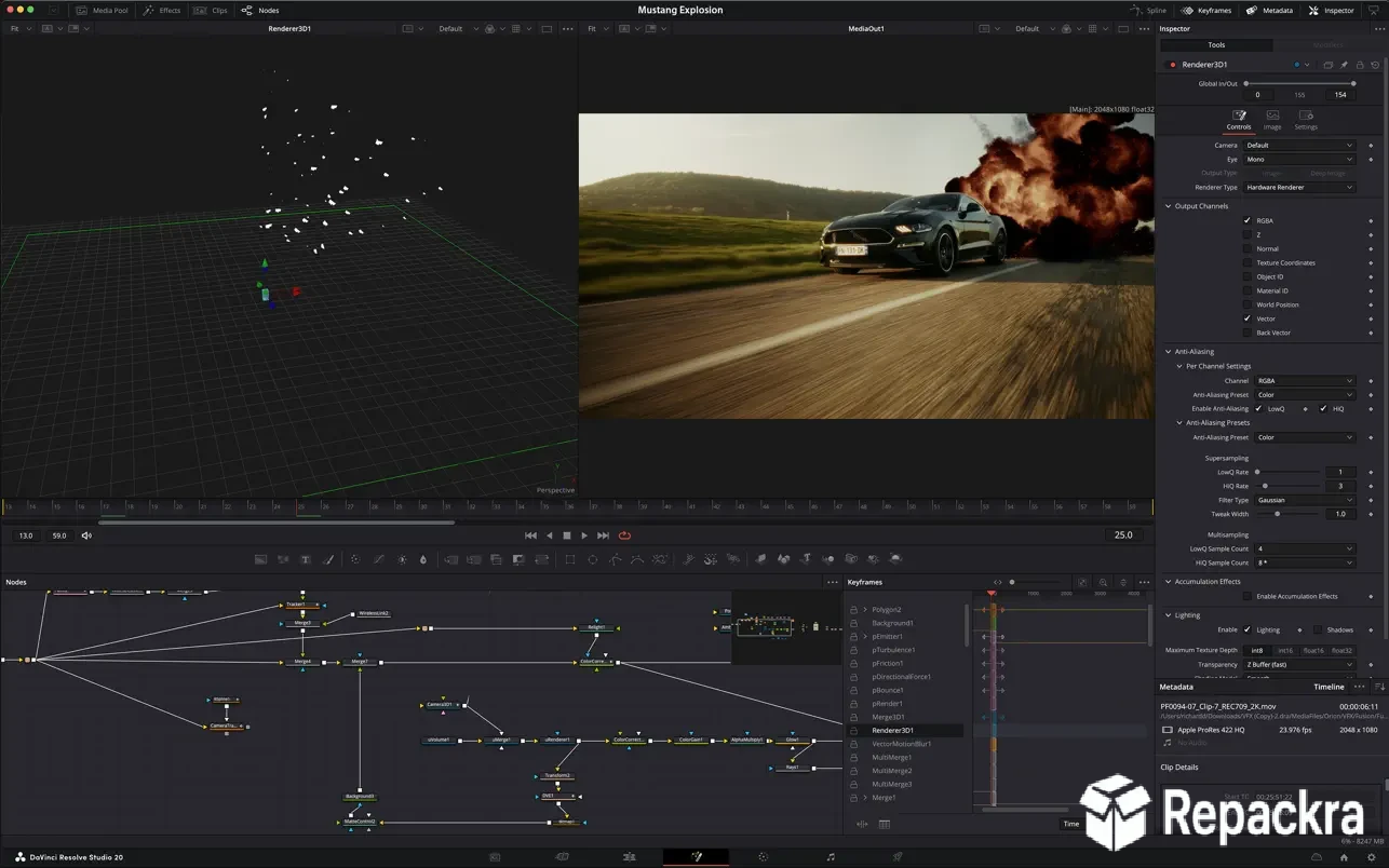 DaVinci Resolve Studio interface on Mac showing a 3D visual effects grid, a sports car driving away from an explosion, and a node-based compositing workflow