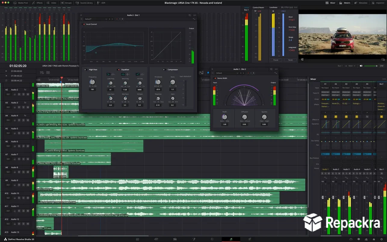 DaVinci Resolve Fairlight panel on Mac showing green audio tracks and mixing tools.