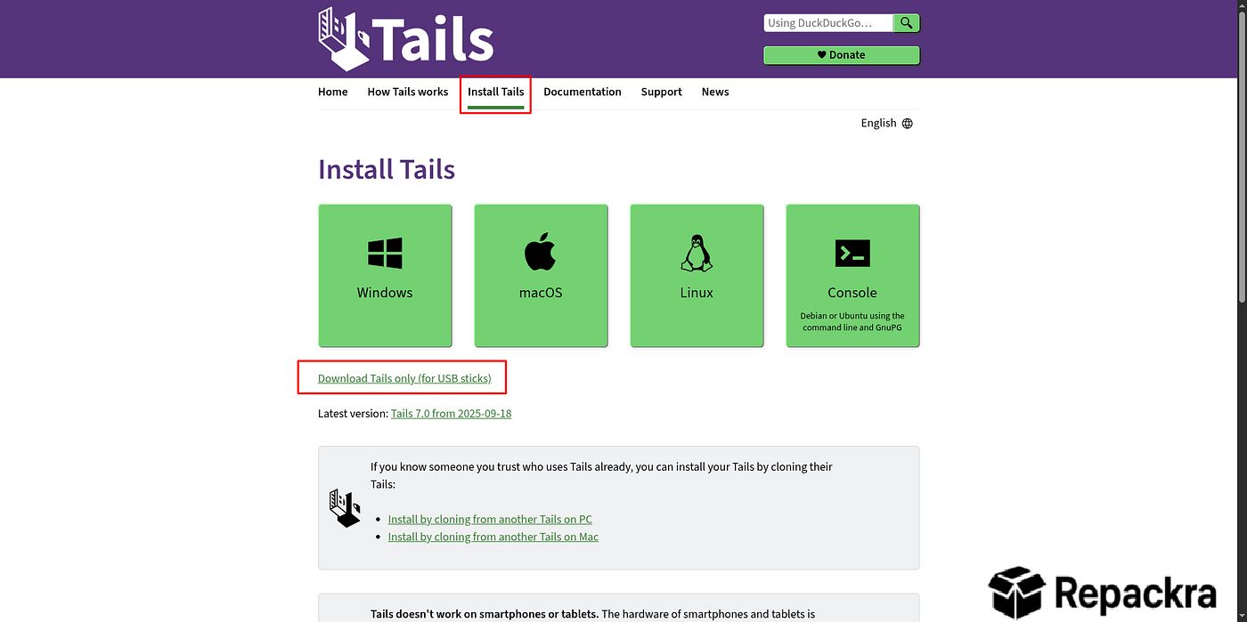 The official Tails OS installation webpage displaying download selection buttons for Windows, macOS, Linux, and Console platforms.