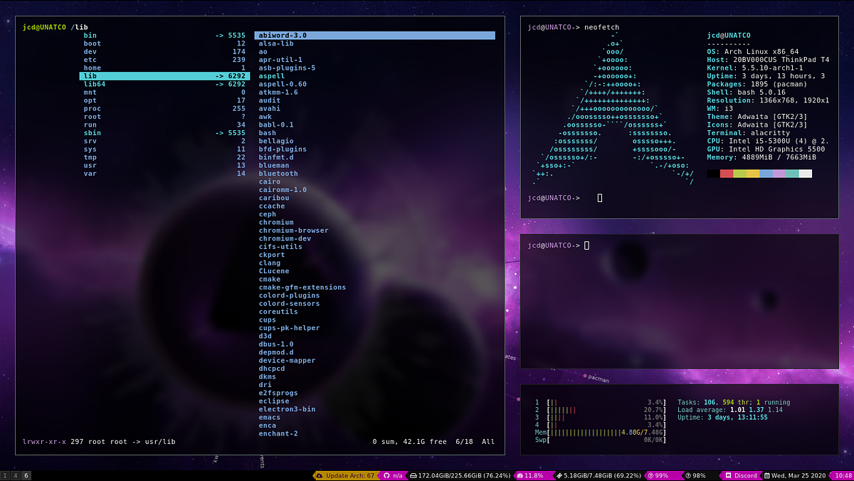 An Arch Linux ISO setup featuring the i3 window manager with a terminal displaying neofetch system metrics and a command-line file manager.