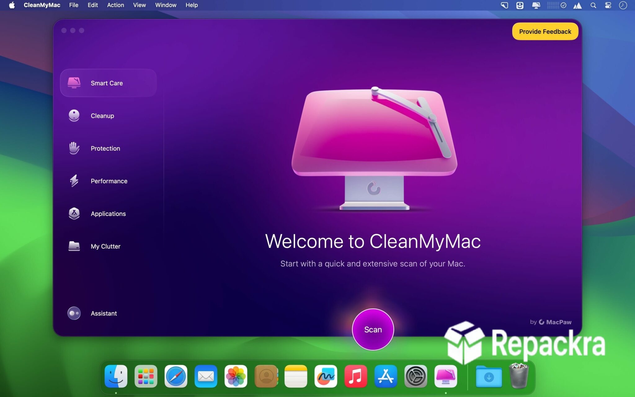 CleanMyMac welcome screen showing the Smart Care startup menu on macOS