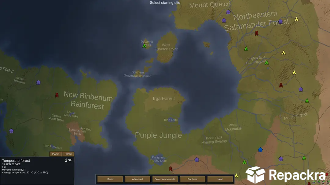 RimWorld for PC world map screen showing regional biome selection.