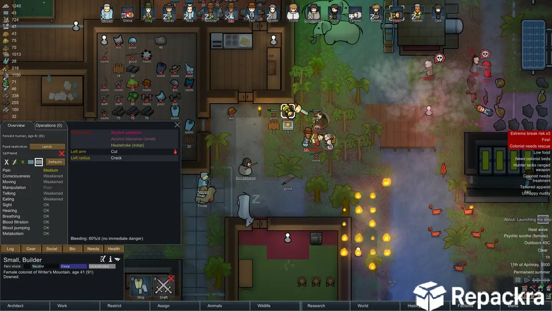 RimWorld for PC gameplay showing an active gunfight and spreading fire near a jungle colony.