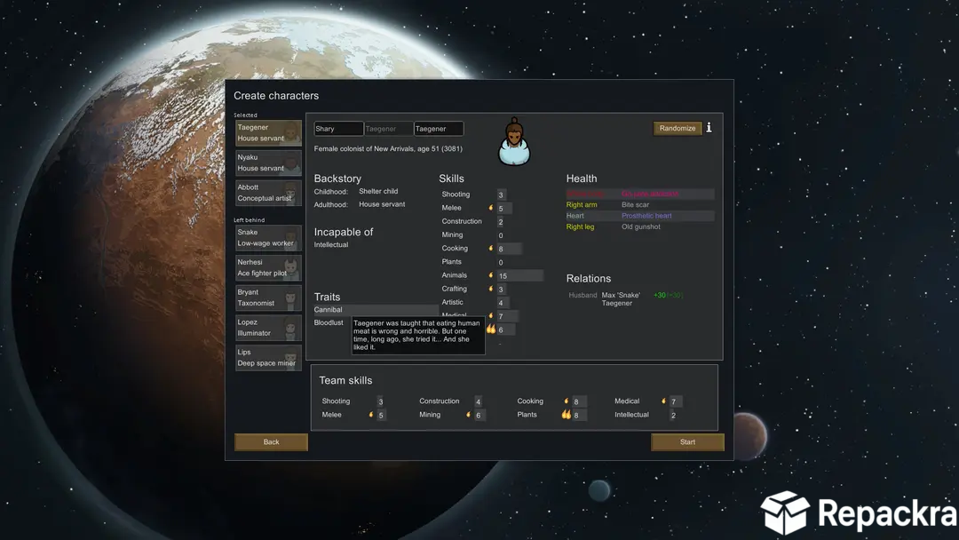 RimWorld for PC character creation screen showing colonist skills, traits, and health stats.