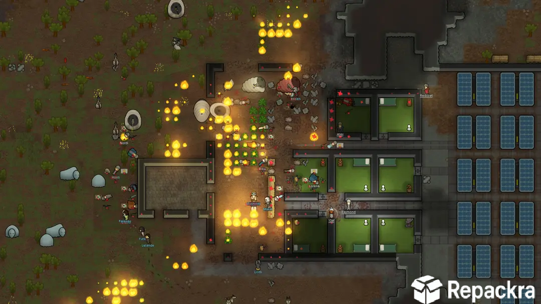 RimWorld for PC gameplay showing a colony base under attack with fires burning near bedrooms and solar panels.