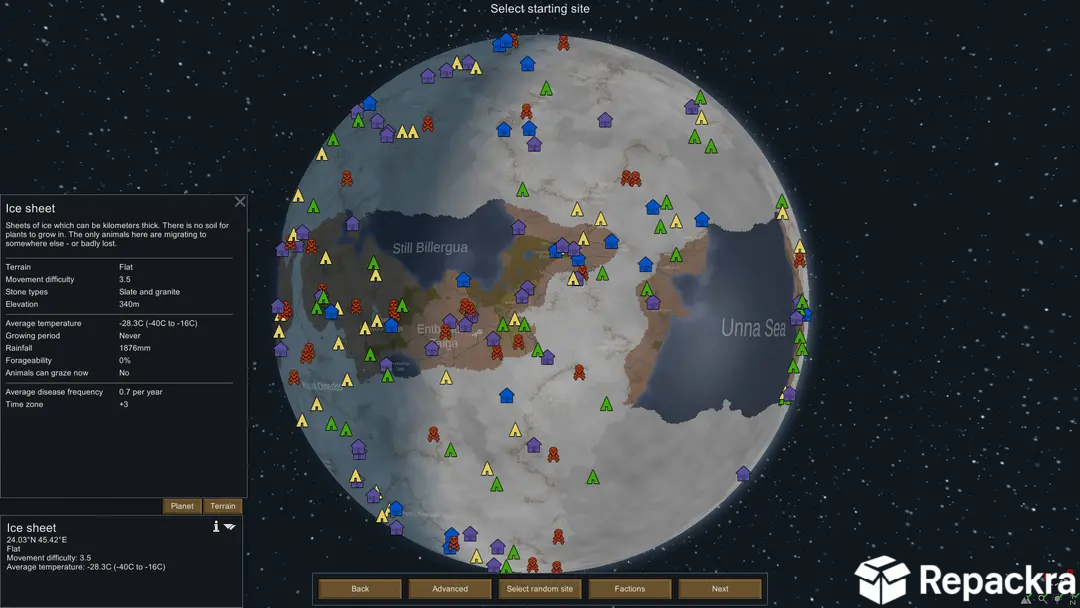 RimWorld for PC world map screen showing site selection on a globe with faction icons.