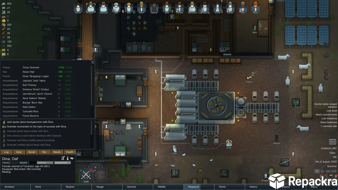 RimWorld for PC gameplay showing base management panels and a colonist social relations menu.