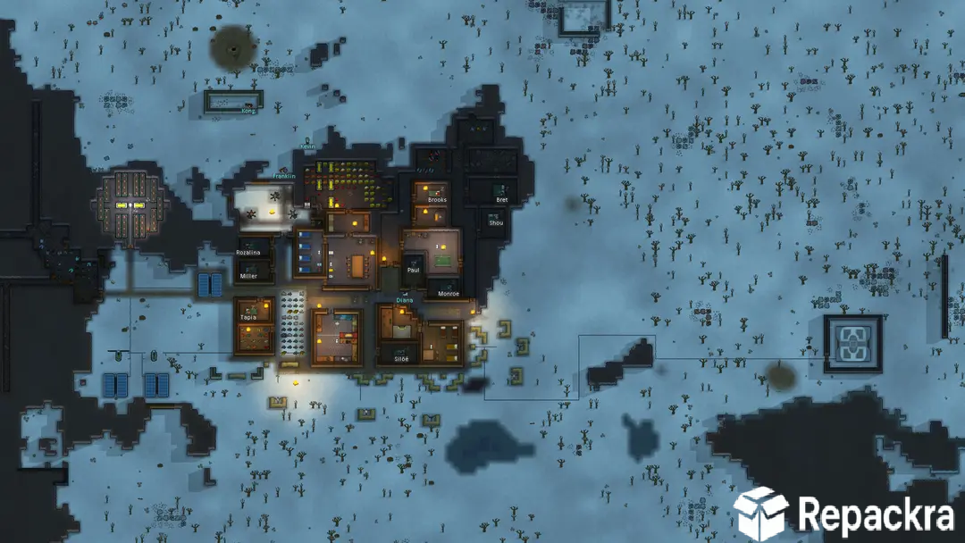 RimWorld for PC gameplay showing a snowy winter colony layout with heated indoor rooms.