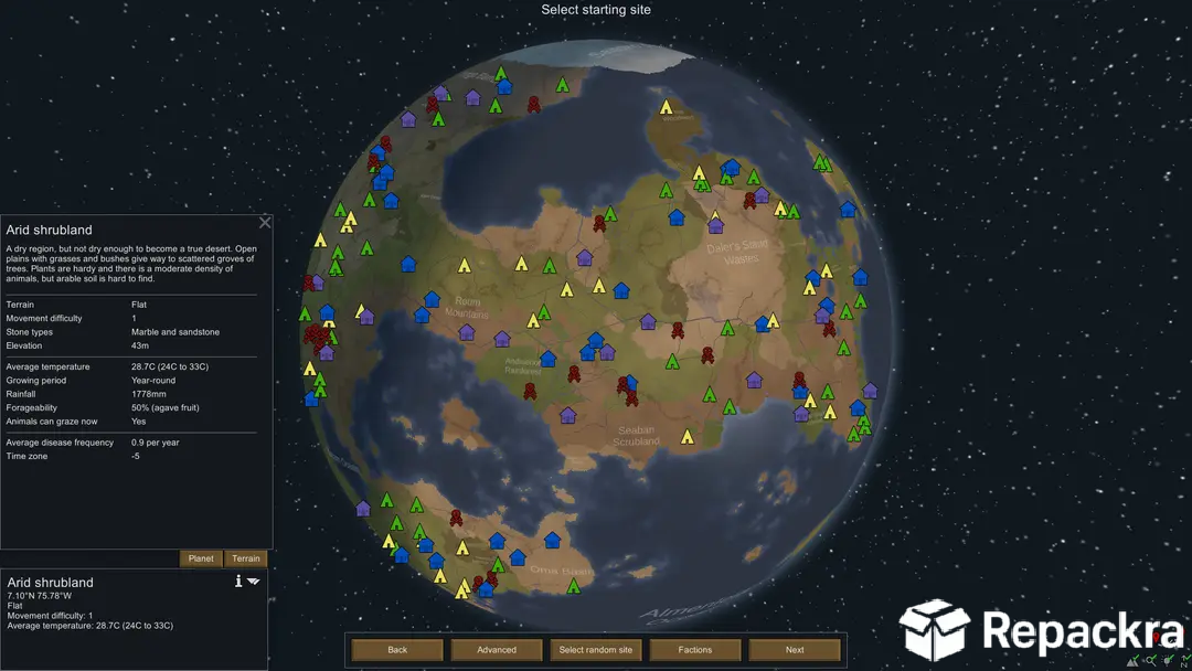 RimWorld for PC planet globe interface showing an Arid shrubland landing site selection.