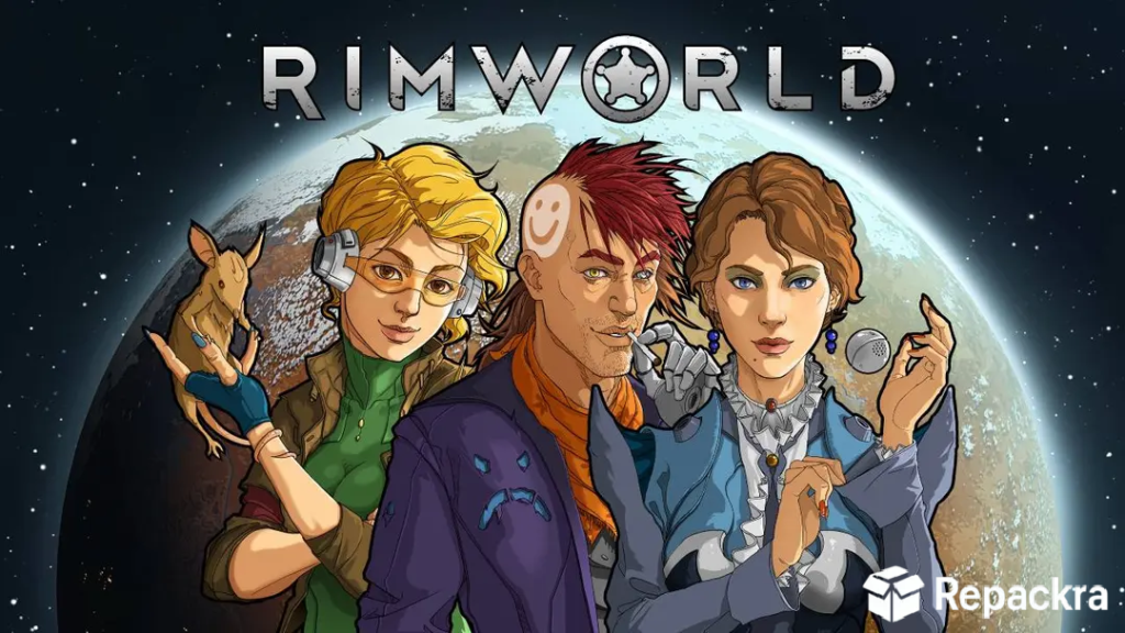 RimWorld for PC official cover artwork displaying three distinct sci-fi colonists standing in front of a planet background.