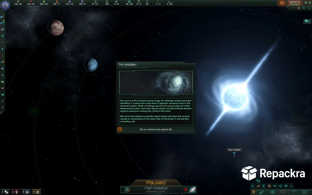 Stellaris gameplay interface displaying an end-game crisis pop-up window titled "The Unbidden" over a star system background.