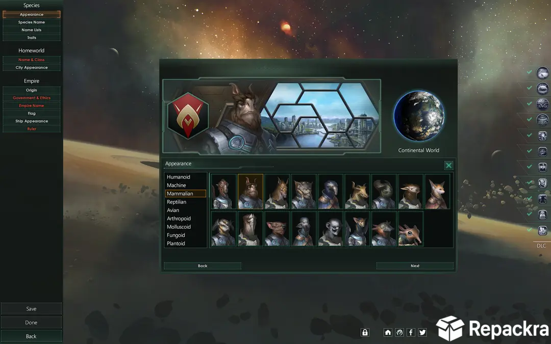 Stellaris customization interface displaying the empire creation screen with species appearance options and a Continental World preview.