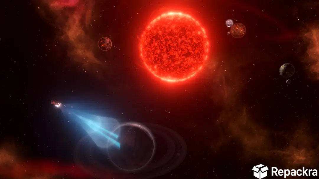 Stellaris gameplay view of a spaceship projecting a blue scanning light toward a ringed planet near a massive glowing red giant star.