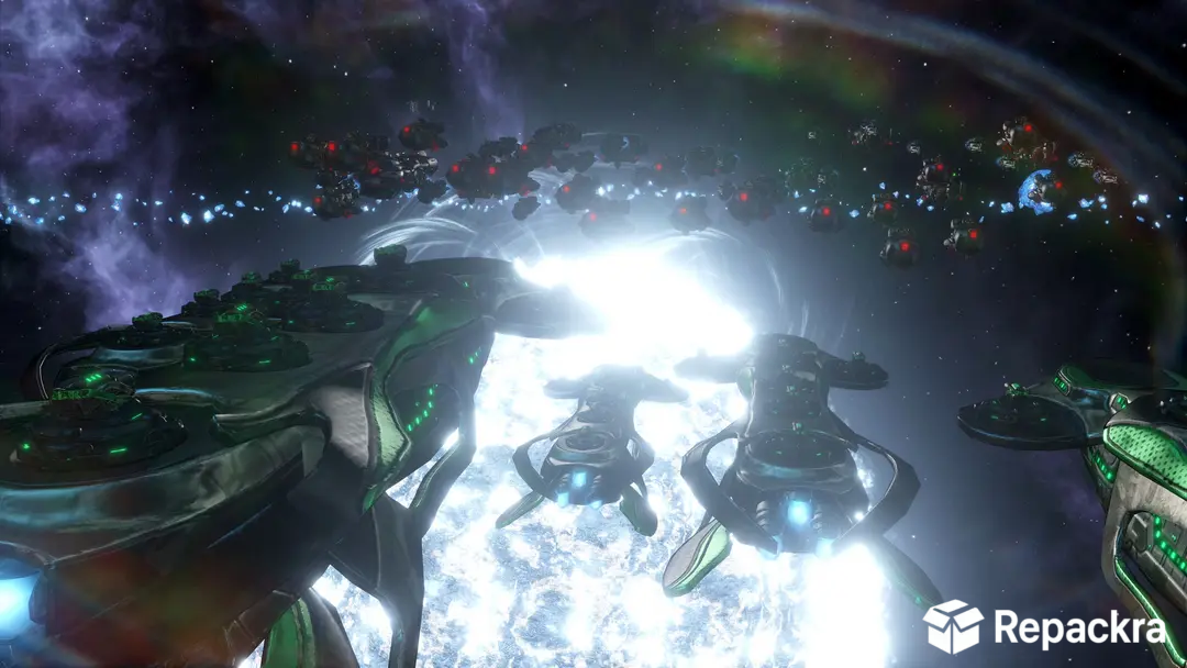 Stellaris gameplay view of a massive armada of spaceships engaging in a cosmic fleet battle near a bright star.