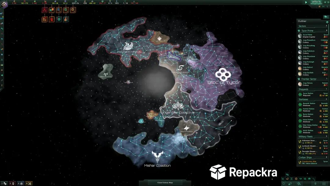 Stellaris strategic gameplay interface showing a top-down view of a galaxy map divided among interstellar alien empires like the Bloc of Tycor.