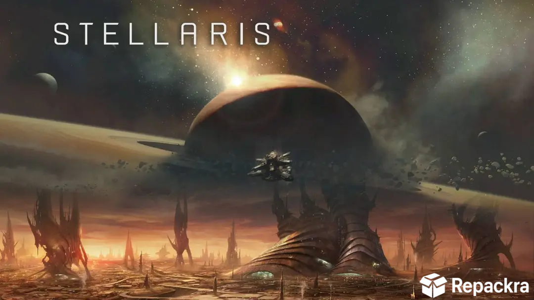 Stellaris title banner showing futuristic alien planetary architecture with a massive ringed gas giant and a spaceship in the background cosmic landscape.