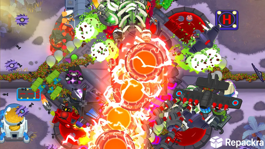 Bloons TD 6 for PC gameplay showing intense late-game monkey towers and explosions.