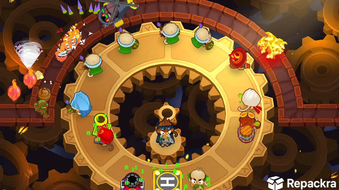 Bloons TD 6 for PC gameplay on a giant moving gears clockwork map layout.