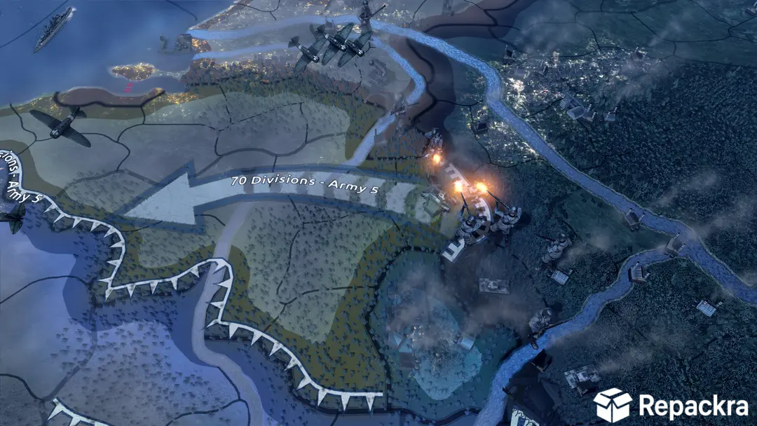 Hearts of Iron IV 3D map view showing an offensive arrow for Army 5 alongside active infantry models engaged in combat.
