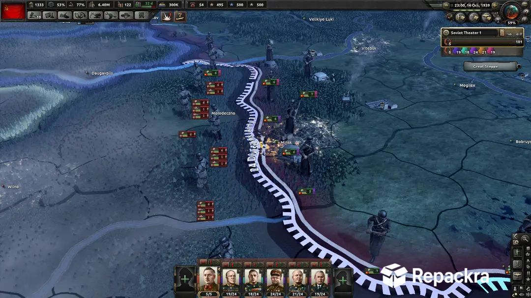 Hearts of Iron IV tactical view showing military units stationed along a front line on the Eastern Front near Minsk.