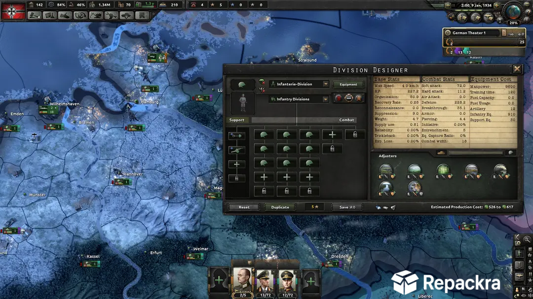 Hearts of Iron IV user interface showing the Division Designer overlay menu on top of a tactical map of Germany.