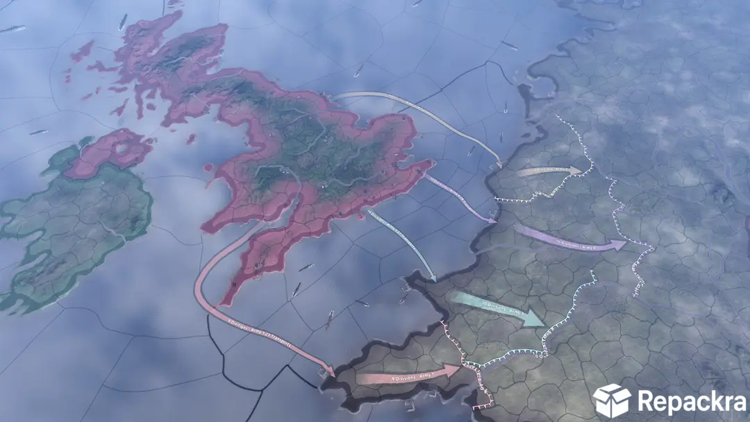 Hearts of Iron IV tactical map interface showing naval invasion arrows planned from the United Kingdom to mainland Europe.