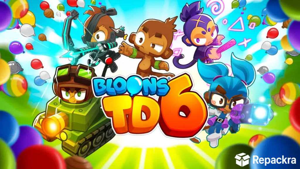 Bloons TD 6 for PC official feature artwork showing various monkey heroes and a military tank surrounded by colorful floating balloons.