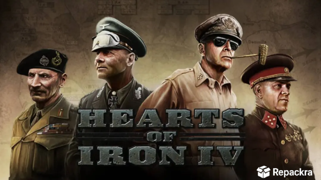 Hearts of Iron IV title banner showing four prominent World War II military commanders standing against a strategic map background.