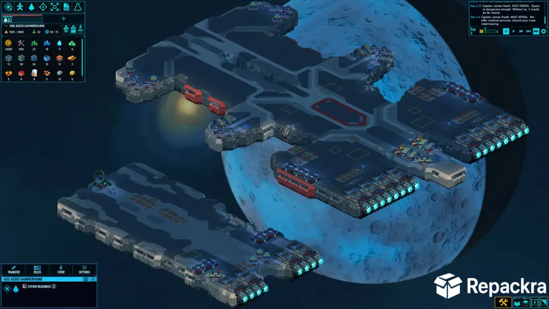 Space Haven isometric PC gameplay screenshot showing two spaceships orbiting a blue planet.